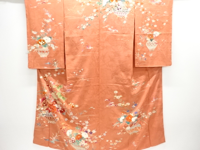 大正ロマン　紋錦紗　花籠模様刺繍着物